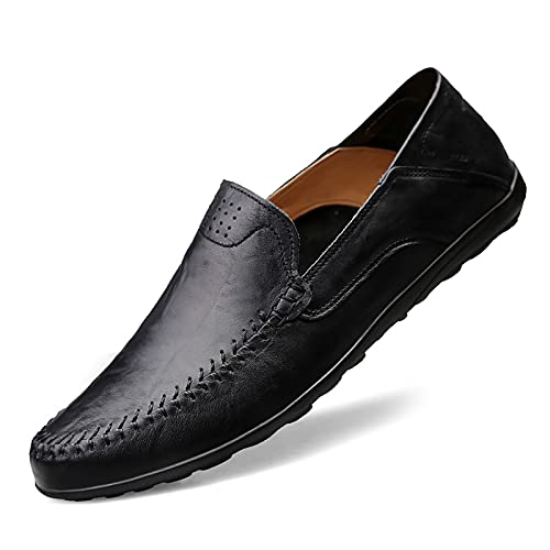 Ophestin Herren Leder Mokassins Slipper Fahren Schuhe Leicht Weich Loafers Handgefertigt Slip On Flache Business Schuhe Schwarz Glänzend 45 von Ophestin