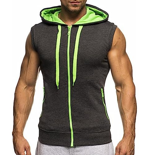 Ophestin Herren ärmellose Hoodies Zip Up Sweatshirt Mode Kordelzug Kontrast Farbe Kapuze Tank Top mit Taschen Dunkelgrau M von Ophestin
