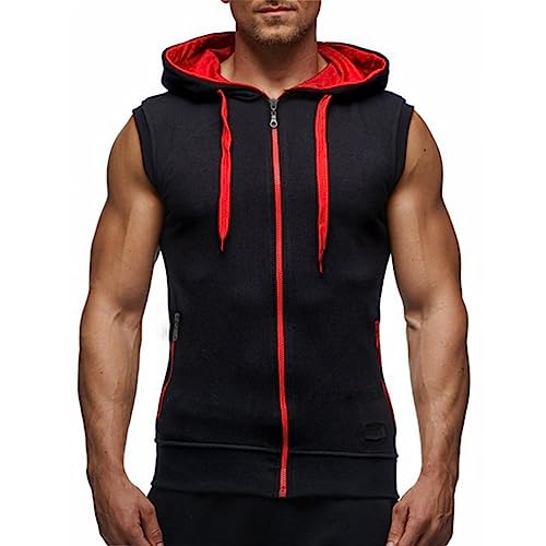 Ophestin Herren ärmellose Hoodies Zip Up Sweatshirt Mode Kordelzug Kontrast Farbe Kapuze Tank Top mit Taschen Rot L von Ophestin