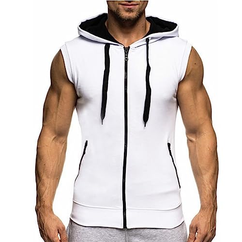 Ophestin Herren ärmellose Hoodies Zip Up Sweatshirt Mode Kordelzug Kontrast Farbe Kapuze Tank Top mit Taschen Weiß XL von Ophestin