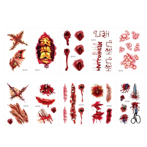 Halloween Wunden Aufkleber temporäre Gesichtsaufkleber | Temporäre Gesichtsaufkleber mit Makeup Aufkleber | Horror Gesicht Aufkleber Halloween Maske, 10 Stück Decalcoman von Opilroyn