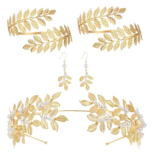 Hochzeitsschmuck-Set (1 x Stirnband + 1 Paar Ohrringe + 1 Paar x Manschette) – Modeschmuck-Set aus Gold, 5-teiliges Set mit neuen Haar-Accessoires, Haarband von Opilroyn