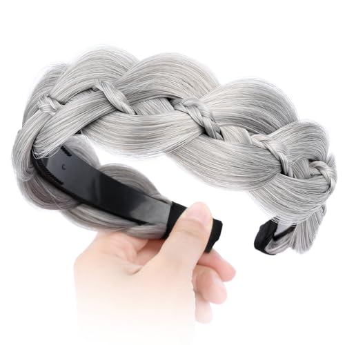 Oplira Breites geflochtenes Stirnband mit Zähnen, Kunsthaar, geflochtenes Haarband für Damen, Rauchgrau, Einheitsgröße) von Oplira