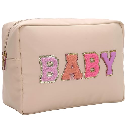 Opnseqia Preppy Patch Make-up Taschen Glitzer Buchstaben Reise Kosmetiktasche Nylon Wasserdicht Toilerty Taschen für Frauen/Mädchen, Beige – Baby, XL, Preppy Make-up Organizer Tasche von Opnseqia