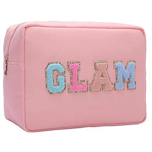 Opnseqia Preppy Patch Make-up Taschen Glitzer Buchstaben Reise Kosmetiktasche Nylon Wasserdicht Toilerty Taschen für Frauen/Mädchen, Pink-glänzend, XL, Preppy Make-up Organizer Tasche von Opnseqia