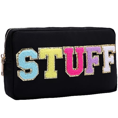 Opnseqia Preppy Patch Make-up Taschen Glitzer Buchstaben Reise Kosmetiktasche Nylon Wasserdicht Toilerty Taschen für Frauen/Mädchen, Schwarz-STUFF, M, Preppy Make-up Organizer Tasche von Opnseqia