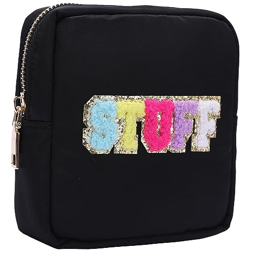 Opnseqia Preppy Patch Make-up Taschen Glitzer Buchstaben Reise Kosmetiktasche Nylon Wasserdicht Toilerty Taschen für Frauen/Mädchen, Schwarz-STUFF, S, Preppy Make-up Organizer Tasche von Opnseqia