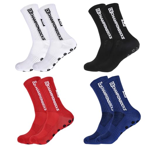 Opopark 4 Paare Fußballsocken für Herren Damen,39-46 Sportsocken Anti Rutsch Grip Fußball Socken Rutschfeste Sportsocken für Fussball Basketball Laufen(weiß+schwarz+rot+blau) von Opopark