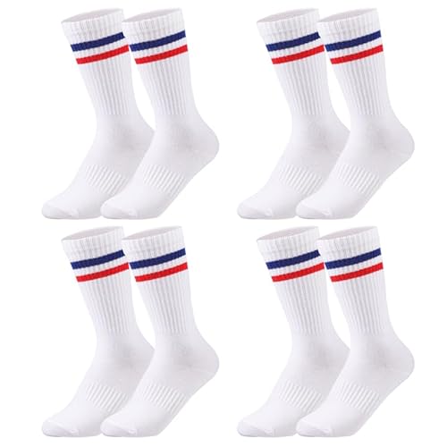 Opopark Unisex Sportsocken, 4 Paar Tennissocken Soft Baumwollsocken 2 Stripes Retro Socken Laufsocken, Socken bis zur Wadenmitte Socken Herren Damen Freizeit und Sport(S Weiß) von Opopark