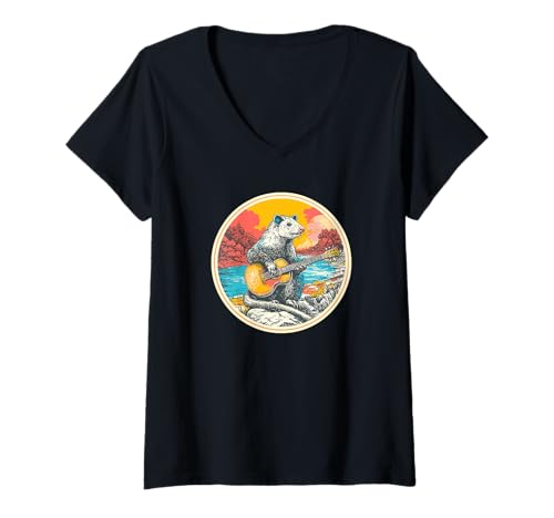 Damen Opossum Play Guitar | Rock Star | 60er 70er Rockmusik T-Shirt mit V-Ausschnitt von Opossum 60s 70s Rock Music Vintage Apparel