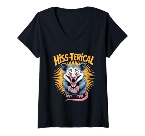 Damen Hiss Terical Opossum Beutelratte Tierhumor Lustig T-Shirt mit V-Ausschnitt von Opossum Humor Beutelratte Witz Sarkasmus Nacht