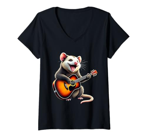 Damen Lustiges Opossum spielt Gitarre Design für Musikliebhaber T-Shirt mit V-Ausschnitt Damen Lustiges Opossum spielt Gitarre Design für Musikliebhaber T-Shirt mit V-Ausschnitt von Opossum Lovers Designs