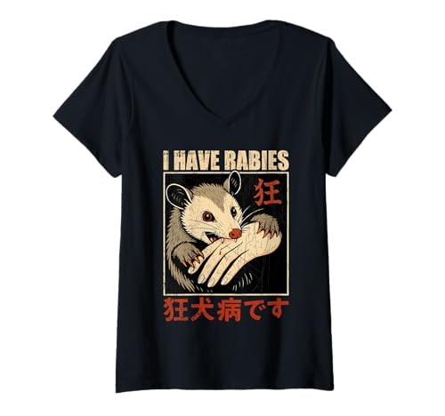 Damen I Have Rabies Opossum Beißende Hand T-Shirt mit V-Ausschnitt Damen I Have Rabies Opossum Beißende Hand T-Shirt mit V-Ausschnitt von Opossum Lustig Japan Japanisch Anime
