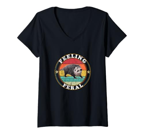 Damen Feeling Feral Possum Vintage Funny Opossum T-Shirt mit V-Ausschnitt Damen Feeling Feral Possum Vintage Funny Opossum T-Shirt mit V-Ausschnitt von Opossum funny Gifts Men Women Kids Youth