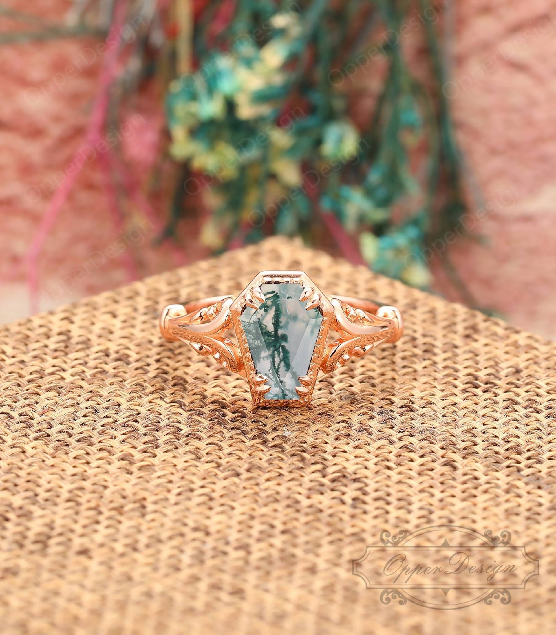 7x10mm Natürlicher Moos Achat Ring, 14K Rose Gold Vintage Antiker Jubiläumsring, Handgemachter Grüner Einzigartiger Ring von OpperDesign