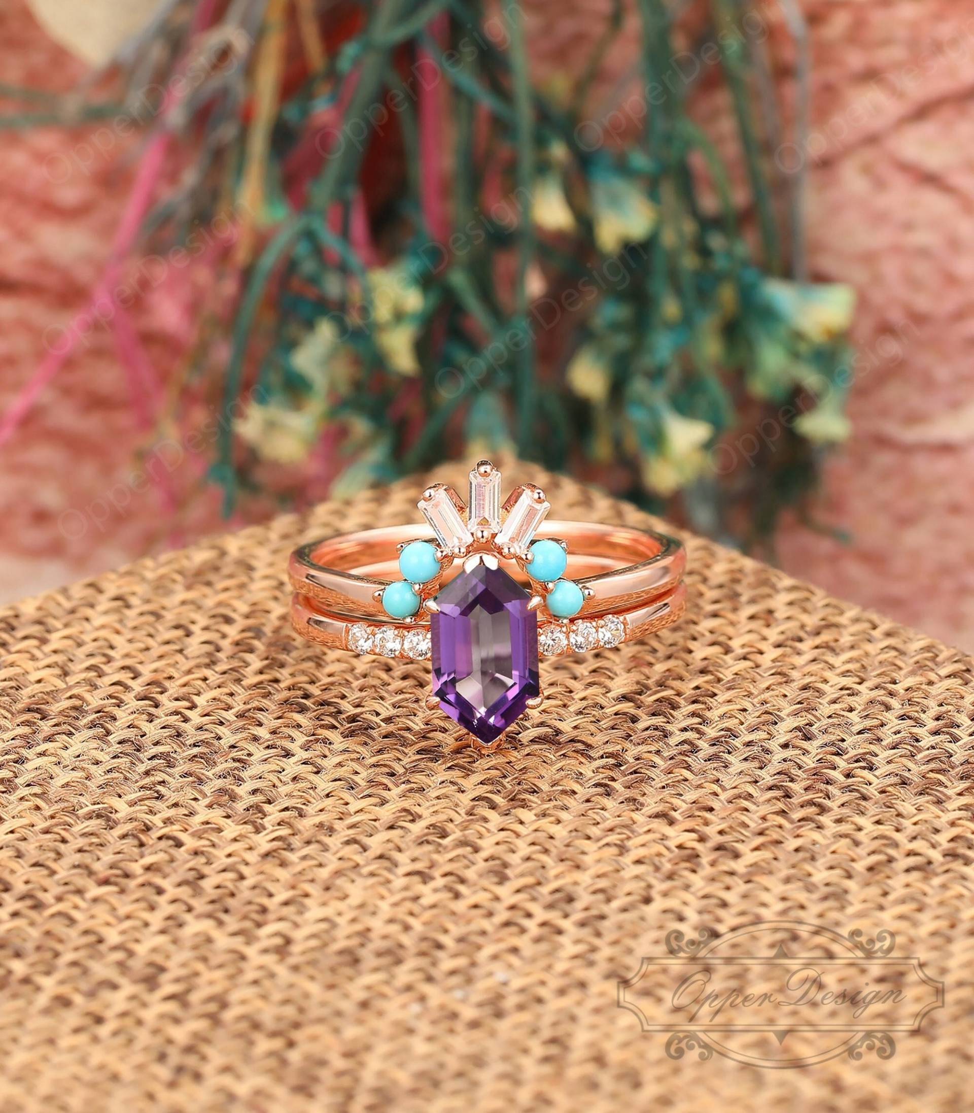 Antike Frauen Ring Set, Natürliche Amethyst Braut Rose Gold Jubiläum Vintage Stapel Lila von OpperDesign