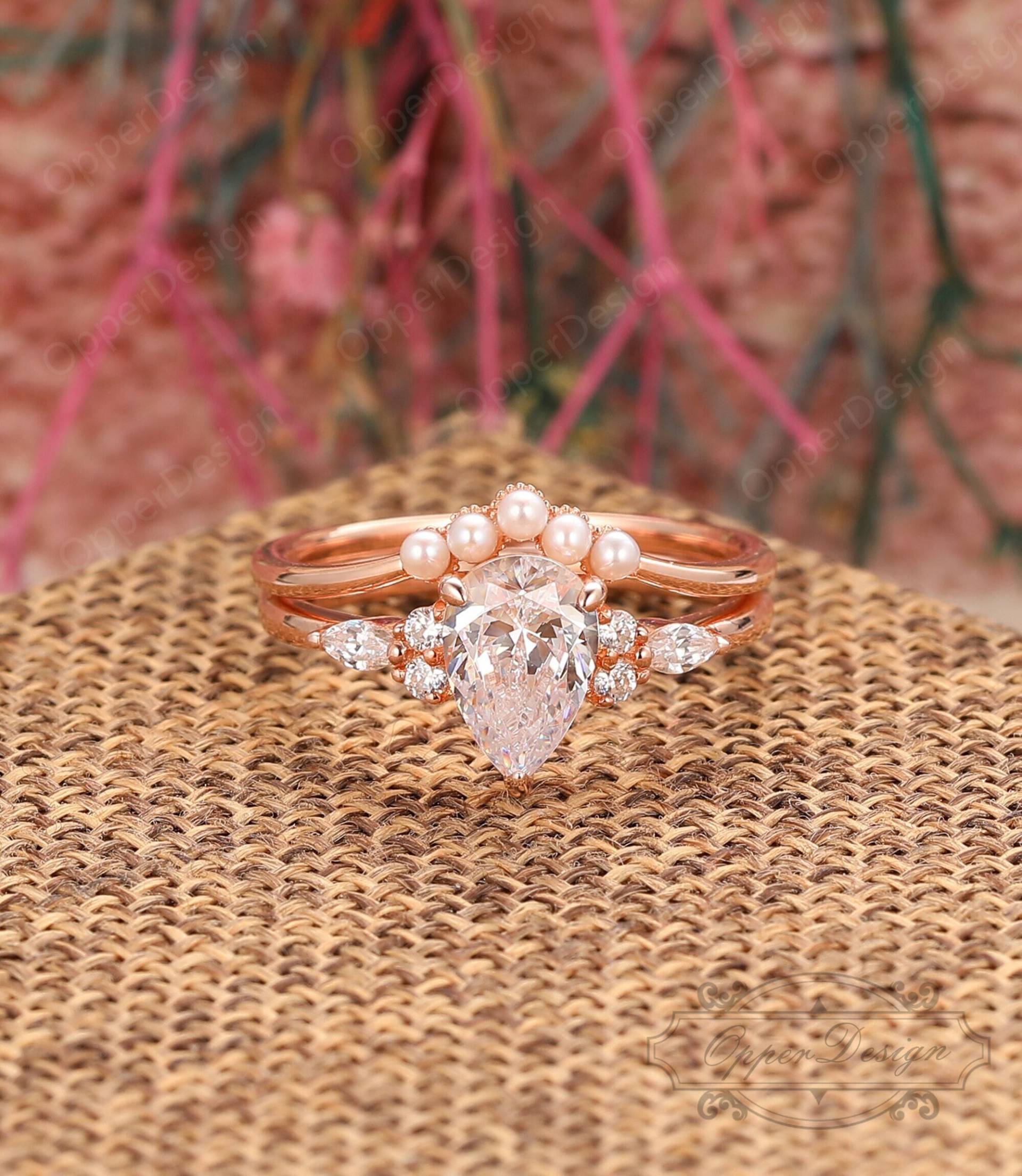 Einzigartig Passender Ring, Solide 14K Gold Braut Set, Vintage Moissanite Ehering Art Deco Ring Perle Ehering, Jahrestag von OpperDesign