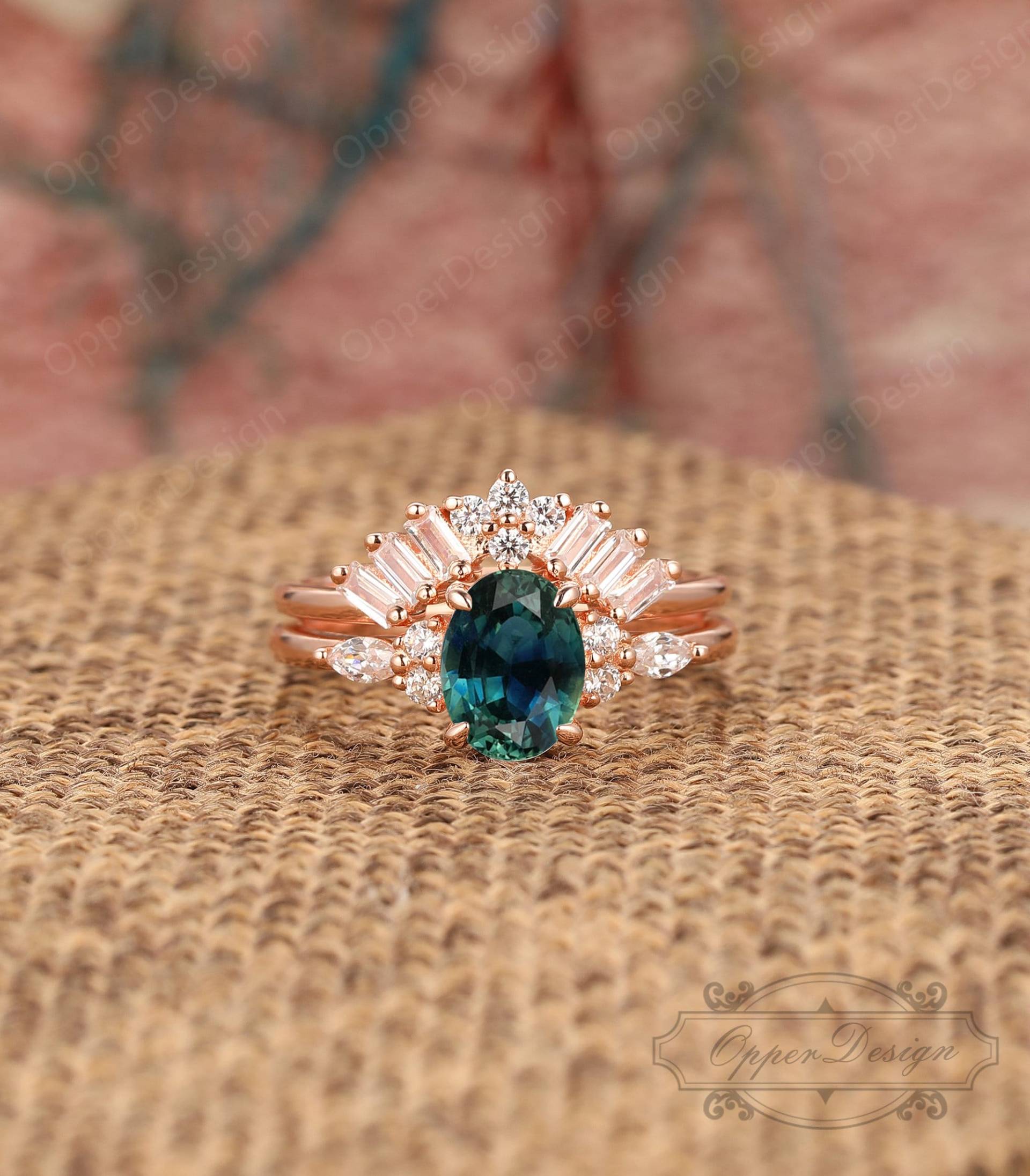 Einzigartiges Design Ehering Set, Rose Gold Braut Ring Oval Cut 6x8mm Teal Saphir Verlobungsring, Jahrestag Geschenk, Geschenk Für Sie von OpperDesign