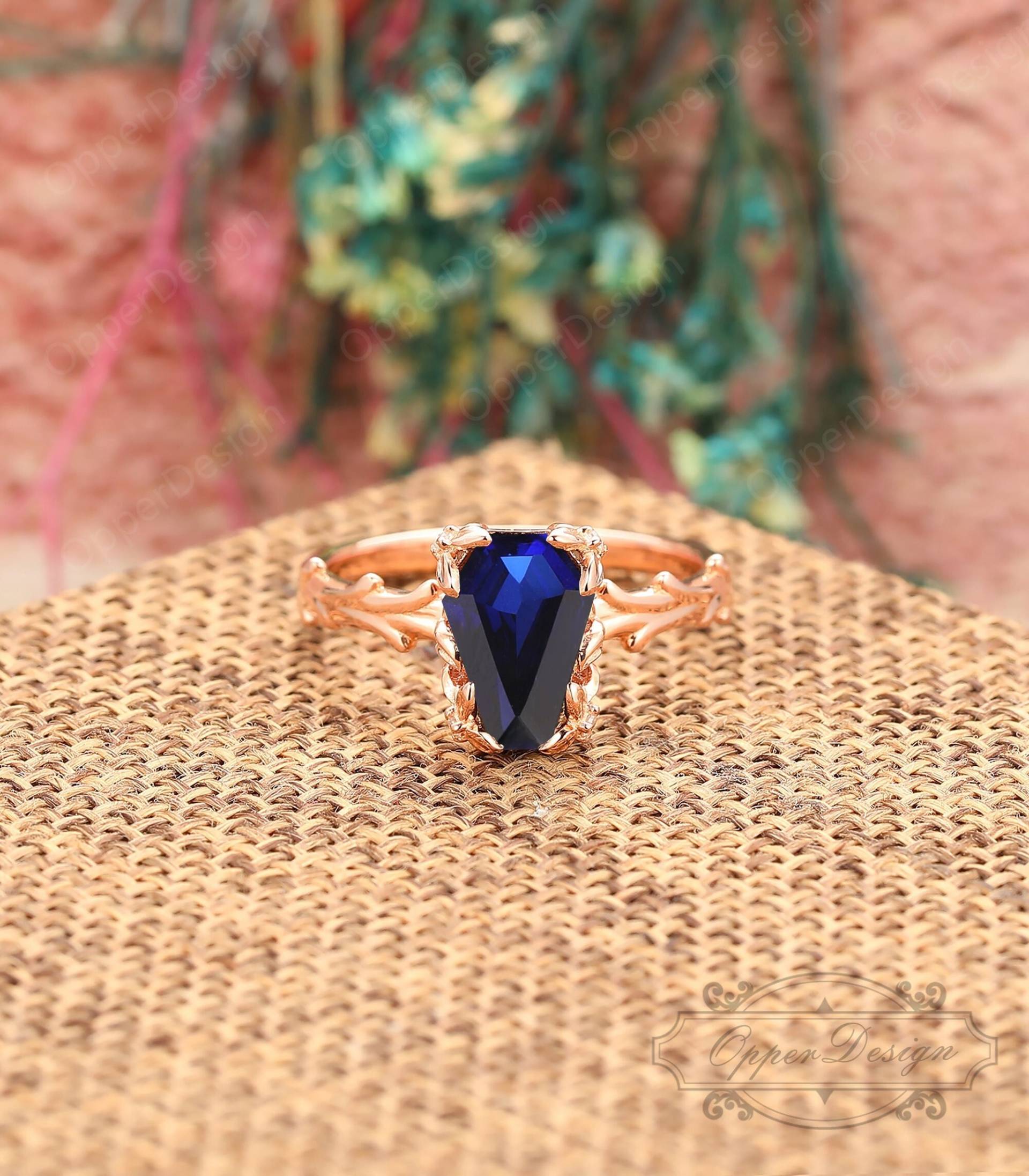 Filigraner Ehering, 14K Rose Gold Vintage Ring, Sargschliff 7x10mm Blauer Saphir Verlobungsring, Retro Jubiläumsring, Ring von OpperDesign