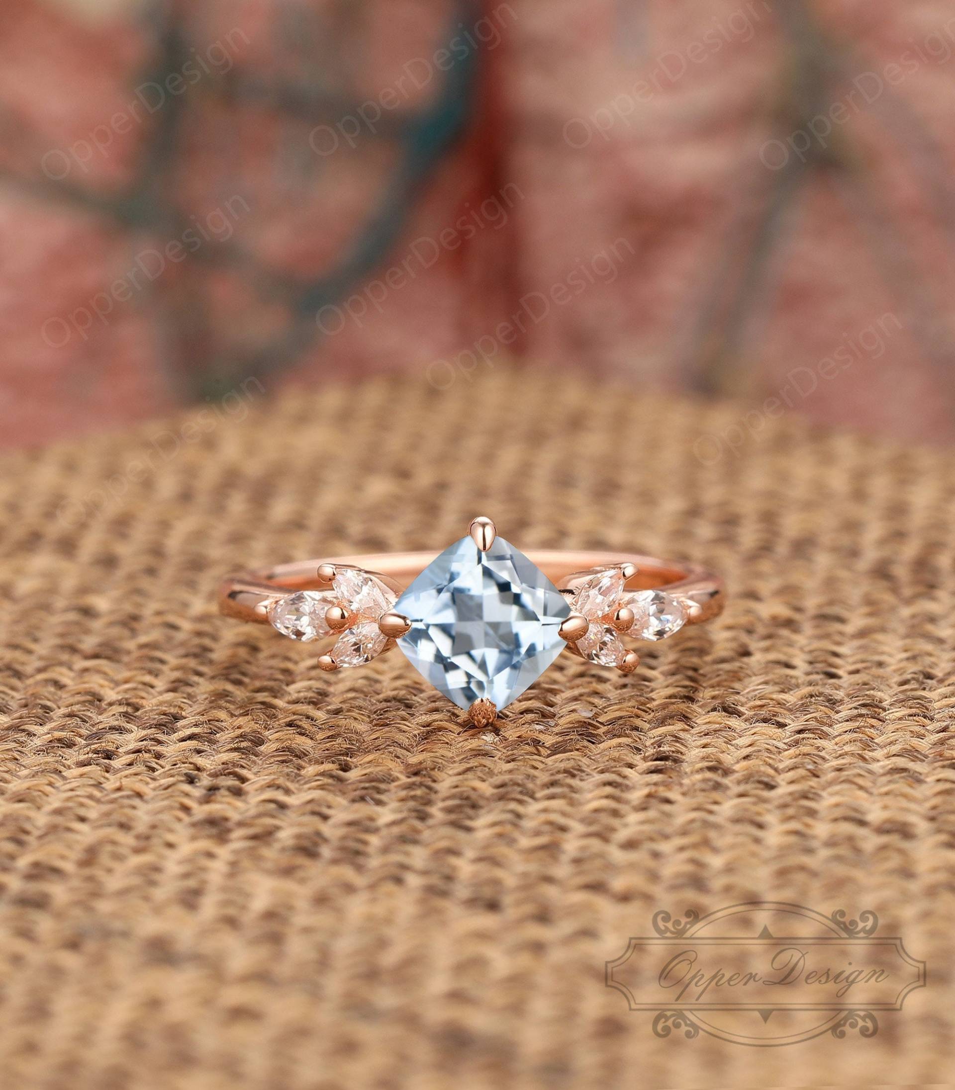 Geburtsstein Aquamarin Ring Für Frauen, Verlobungsring Mit Kissenschliff 6x6mm, Roségold Brautring, Jubiläum Ehering von OpperDesign