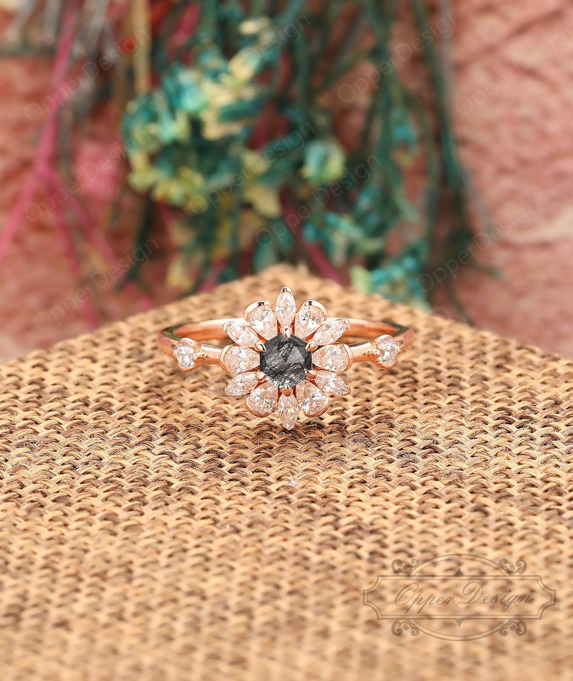 Hexagon Cut 4mm Schwarz Rutilquarz Ring, Floral Form Verlobungsring, 14K Rose Gold Einzigartiger Vintage Frauen Quarz Brautring von OpperDesign