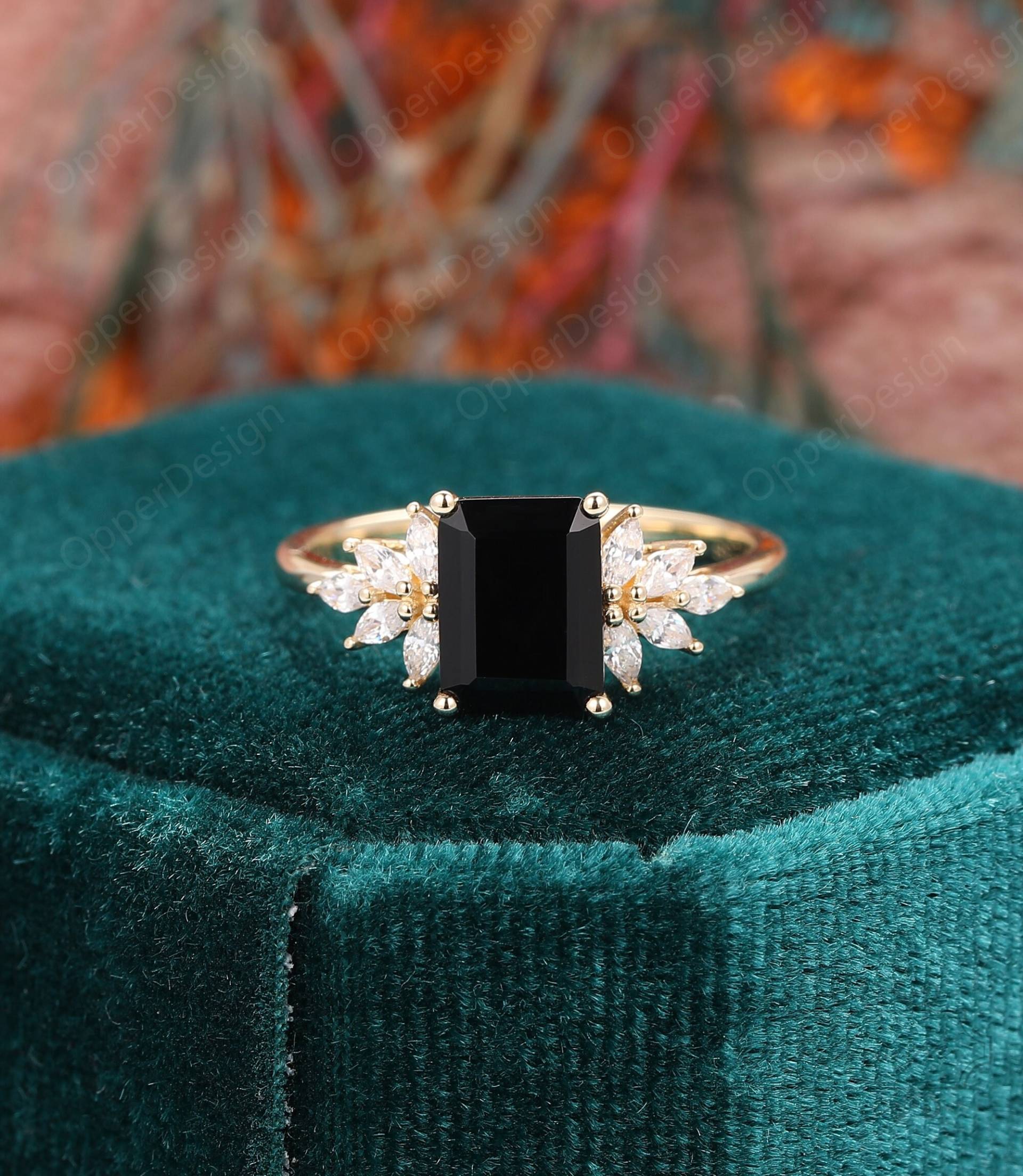 Natürlicher Onyx Ehering, Massiver 14K Gold Verlobungsring, Jahrestag Versprechen Ring, Rose Ring Für Frauen, Smaragdschliff 6x8mm von OpperDesign