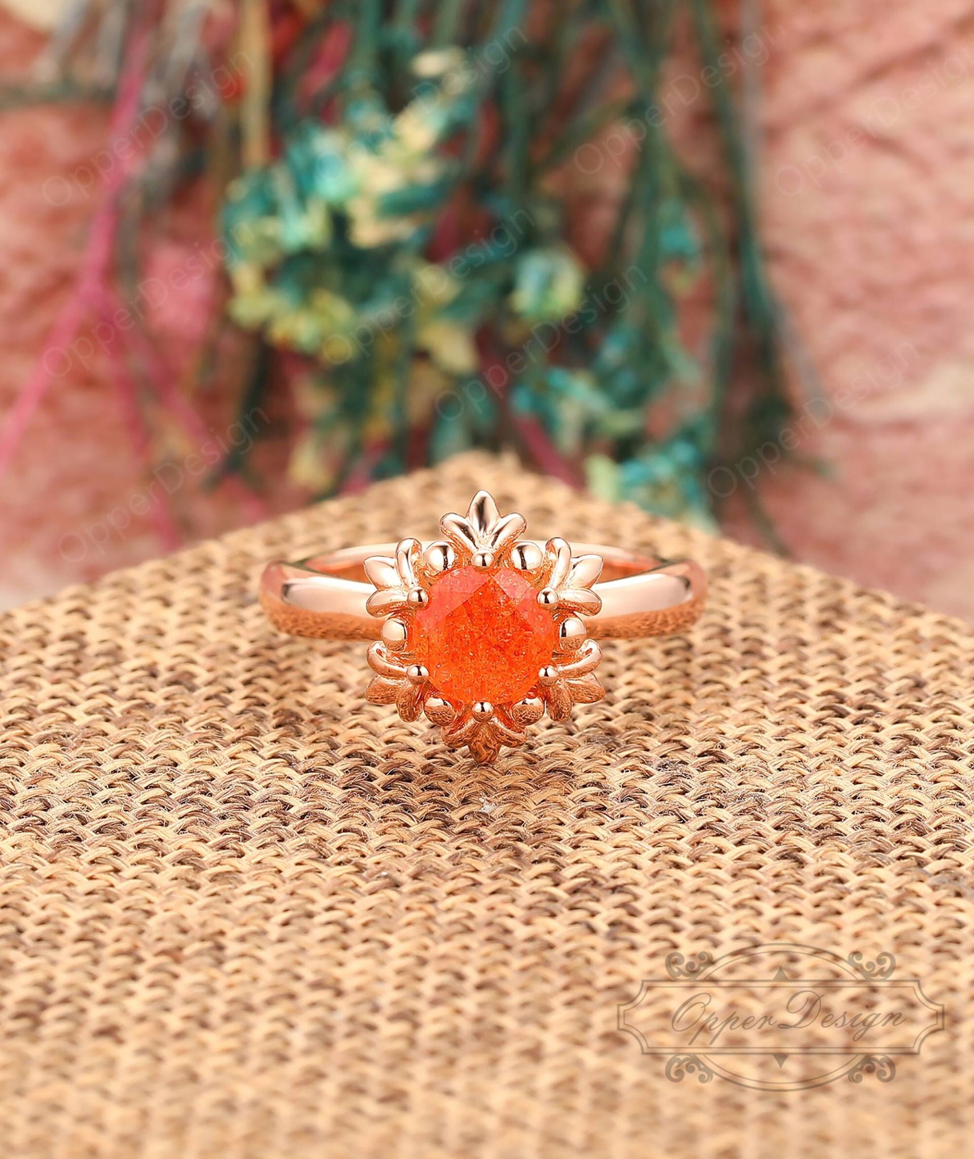 Natürlicher Sonnenstein Ehering, 14K Rose Gold Verlobungsring, Solitär Rundschliff 6.5mm Ring, Vintage Jubiläumsring, Zierlicher Ring von OpperDesign