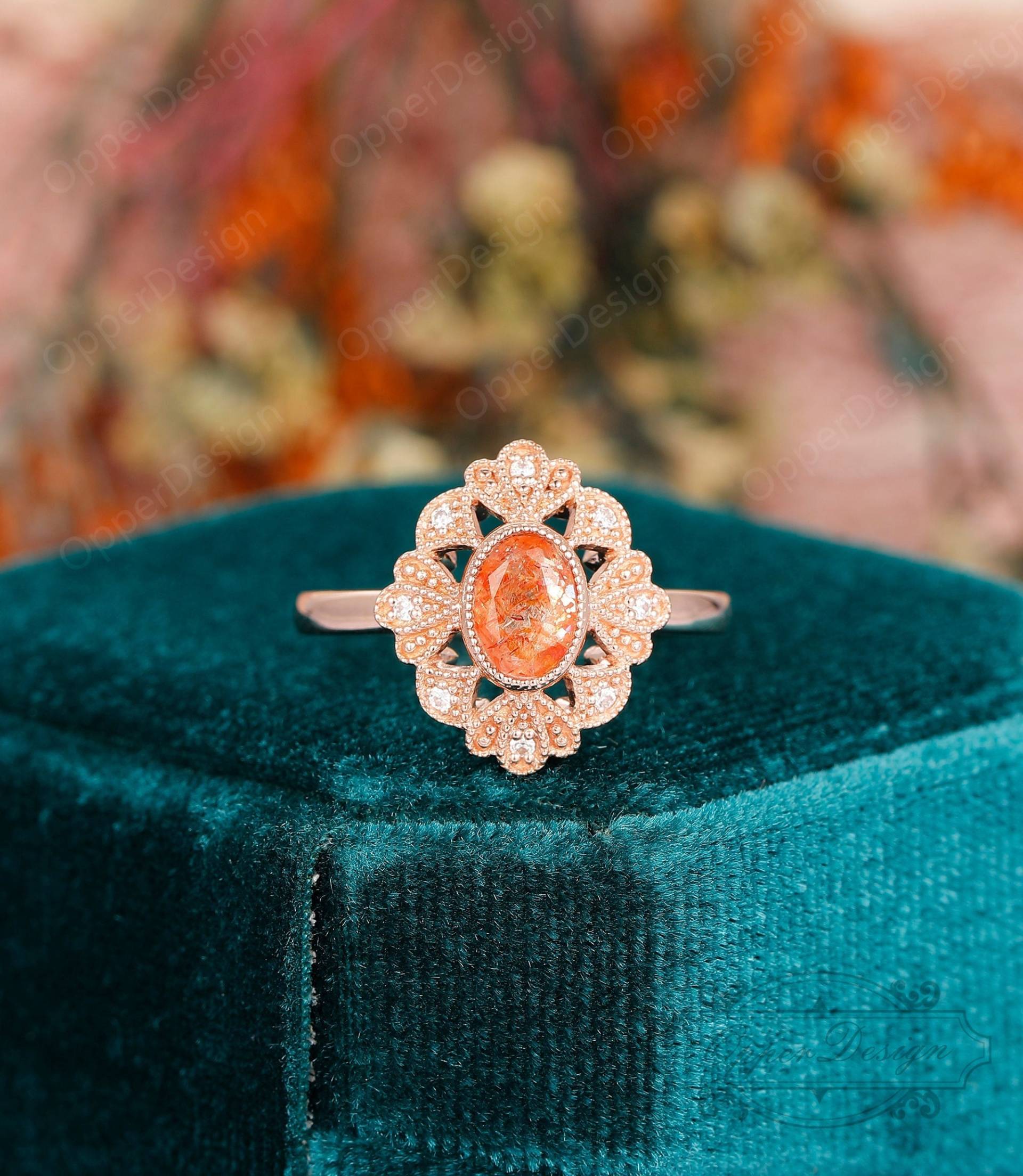 Orange Sonnenstein Ehering, Solide Rose Gold Jubiläumsring, Frauen Versprechen Ring, Ovalschliff 5x7mm Verlobungsring, Vintage Ring von OpperDesign