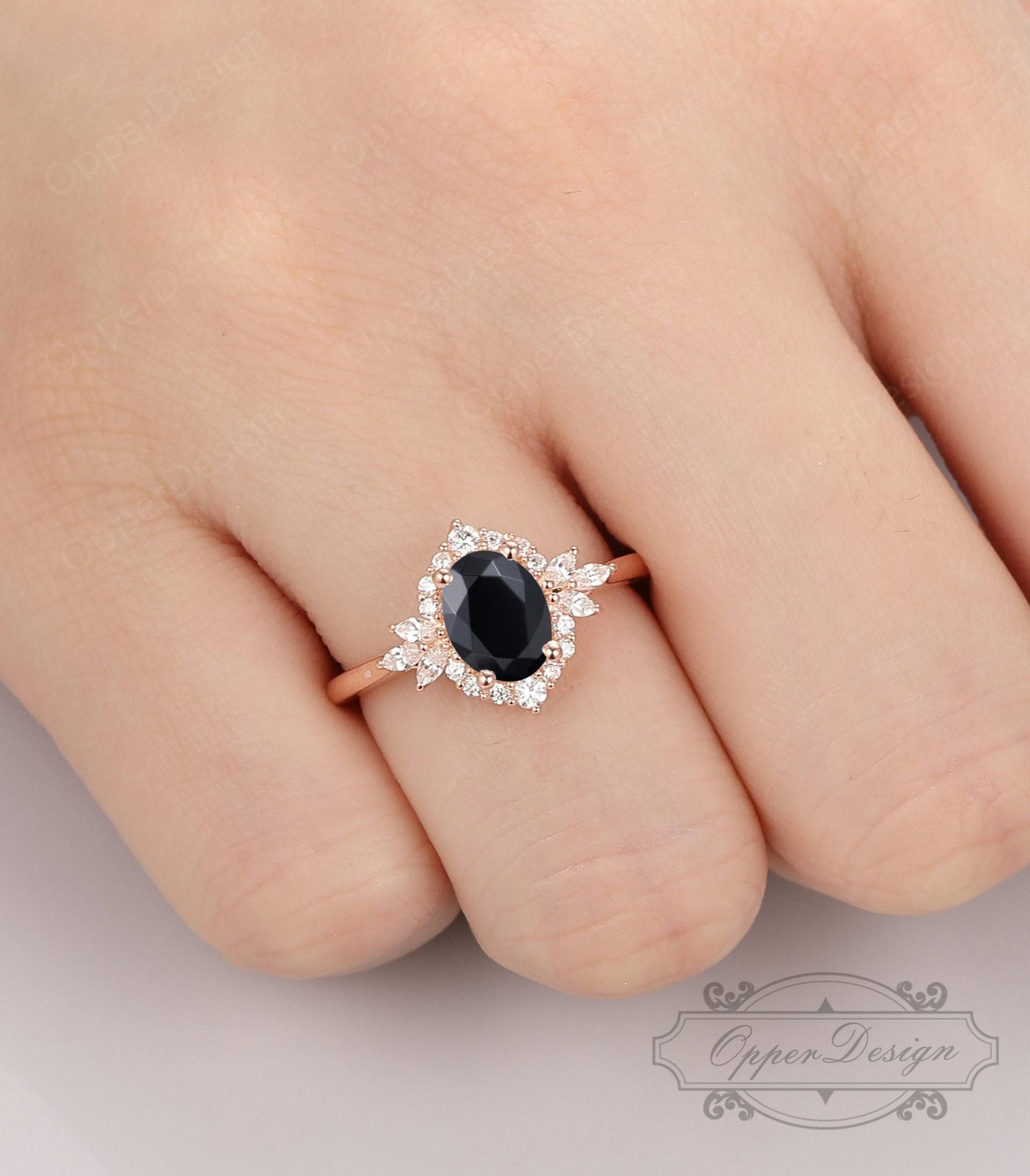 Oval Cut 6x8mm Natürlicher Onyx Ring, Stapel Halo Antiker Versprechen Zarter Handgemachter Ring, Schwarzer Achat Jahrestag Ring Geschenk Für Sie von OpperDesign