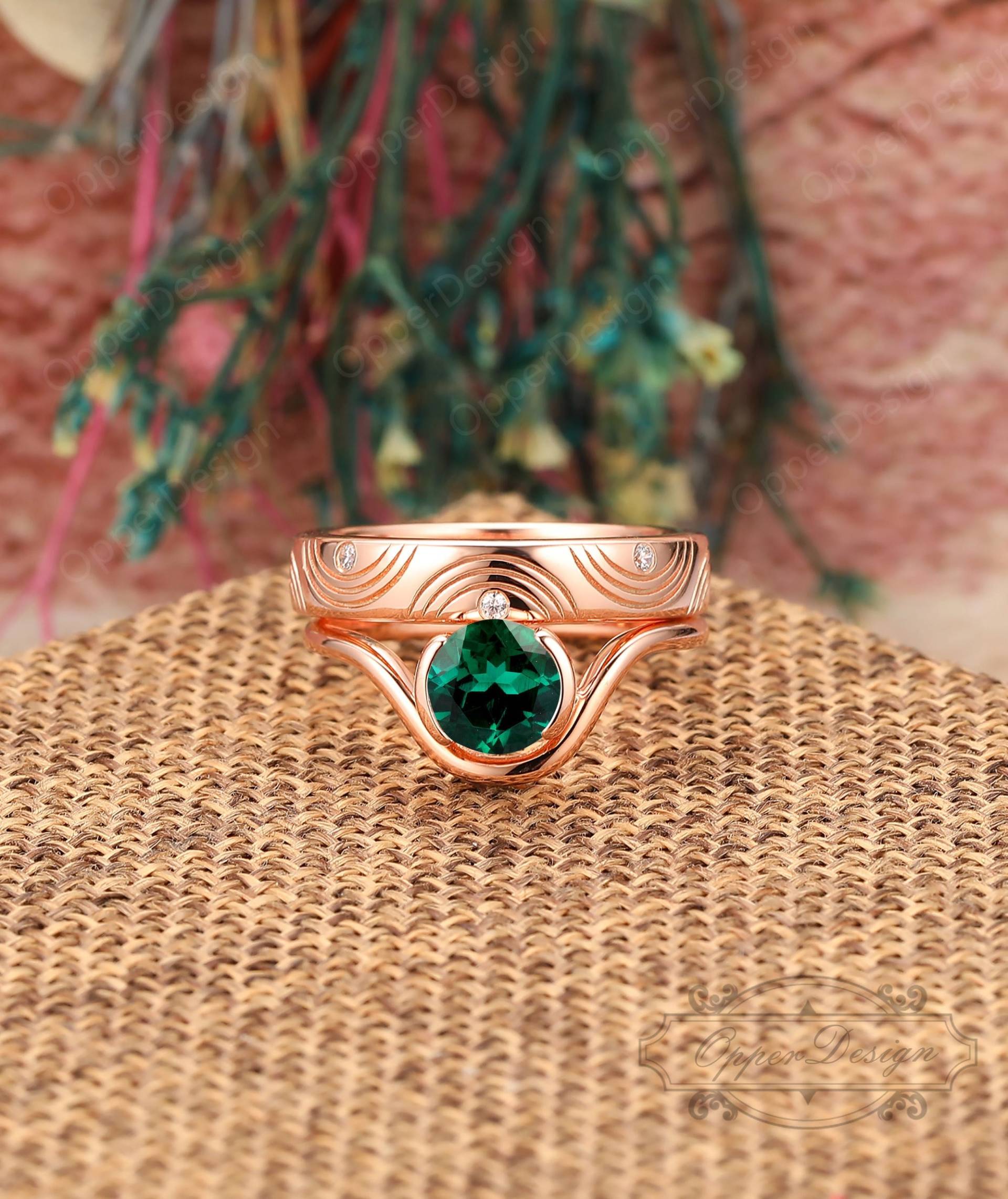 Retro Passender Ring Für Ehering, Geburtsstein Smaragd Braut Set, Zarte Einzigartige 14K Rose Gold Hochzeit Vintage von OpperDesign