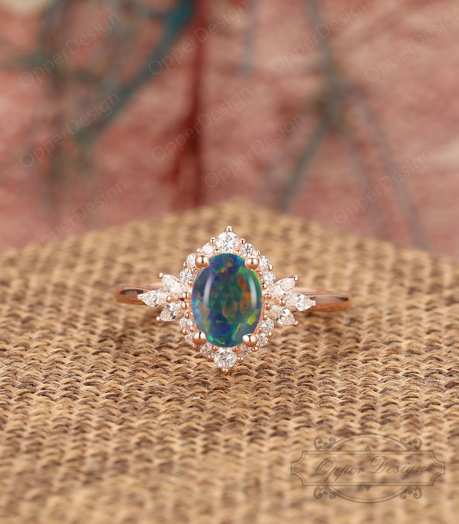 Stacking Moissanite Ring, Oval Cut 6x8mm Streifen Grüner Opal Rose Gold Frauen Versprechen Zarter Vintage Geschenk Für Sie von OpperDesign