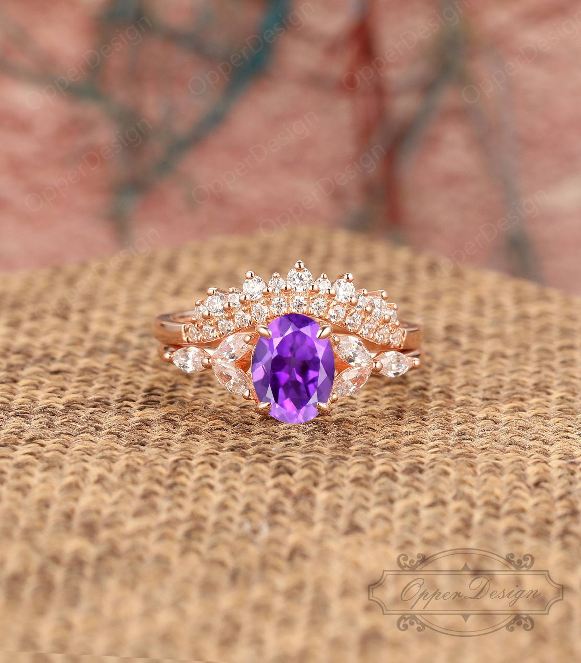 Vintage Edelstein Ehering Set, 14K Rose Gold Ring, Oval Cut 6x8mm Natürlicher Amethyst Verlobungsring, Benutzerdefinierte Braut Sets, Jahrestag von OpperDesign