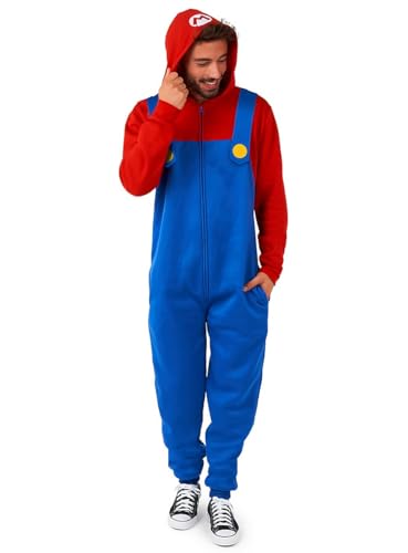 OppoSuits Adult Unisex Mario Onesie - Nintendo One-Piece Pyjamas - Loose Fit - Inklusive Taschen - Rot und Blau von OppoSuits