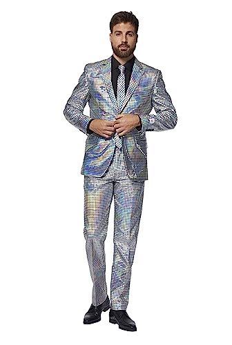 OppoSuits Silberner Anzug für Herren - Silvesterparty-Kostüm - Holografisch Kariertes Silber - inkl. Blazer, Hose, Krawatte von OppoSuits