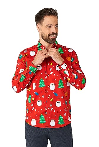 OppoSuits Festliche rote Hemden für Herren – perfekt für Weihnachten – Weihnachtsfeiern – inklusive 1 Hemd mit Knöpfen – rot – L von OppoSuits