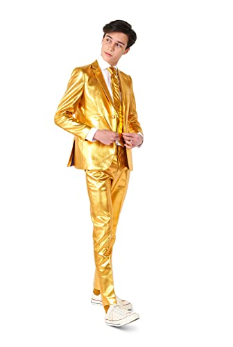 OppoSuits Groovy Gold Glänzender Anzug für Teenager-Jungen - Abschlussball- und Hochzeitsfeier-Outfit - einschließlich Blazer, Hose und Krawatte - Gold - Größe 10 Jahre von OppoSuits