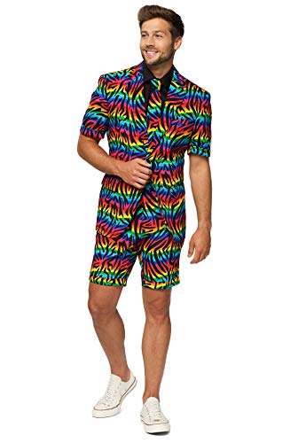 OppoSuits Herren Men Suit Business-Anzug Hosen-Set Inklusive Shorts, Kurzarmjacke & Krawatte, Wild Rainbow, 50 EU von OppoSuits