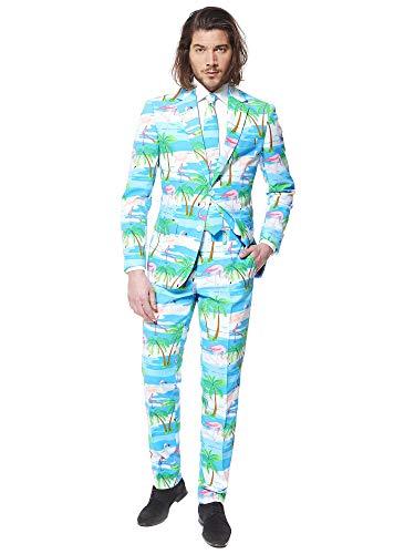 OppoSuits Herren Opposuits Crazy Prom Suits For Men – Flaminguy Anzug - Komplettes Set: Jackett, Hose und Krawatte, Blau, 56 von OppoSuits