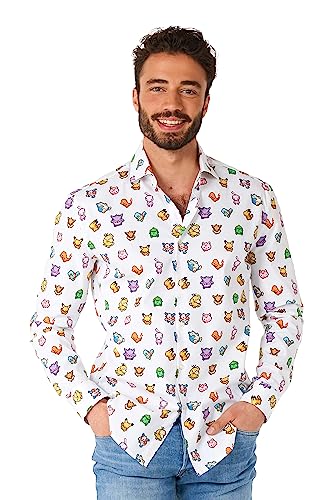 OppoSuits Men's Pixel Pokémon™ Shirt - Pokémon Outfit - Inklusive 1 Button-Up Shirt - Weiß - Langärmliges von OppoSuits