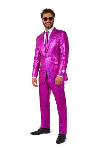 OppoSuits Pinker Discoball Anzug für Herren - Silvesterparty Kostüm - Pink Metallic - Inklusive passender Jacke, Hose und Krawatte von OppoSuits