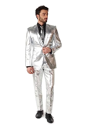 OppoSuits Silberner Anzug für Herren - Silvester- und Weihnachtsfeier-Kostüm - metallisch glänzendes Silber - Inklusive passender Jacke, Hose und Krawatte - Größe US 36 von OppoSuits