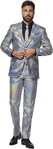 OppoSuits Silberner Anzug für Herren - Silvesterparty-Kostüm - Holografisch Kariertes Silber - inkl. Blazer, Hose, Krawatte von OppoSuits