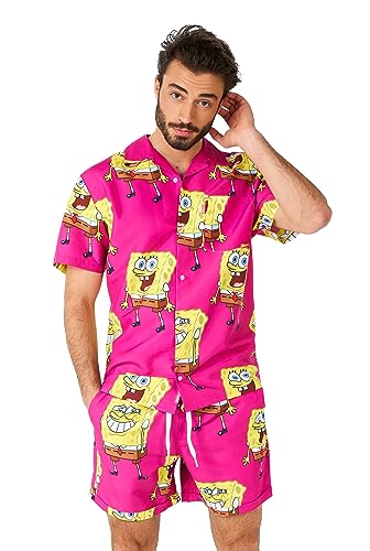 OppoSuits Summer Combo's - Herren Zweiteiliges Set - Strand Badebekleidung - inkl. Hemd und Short, Spongebob' Pink, M von OppoSuits