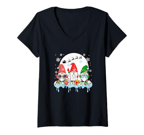 Damen DREI Bunte Zwerge mit optischen Techniker-Werkzeugen, Weihnachten T-Shirt mit V-Ausschnitt von Optician Christmas Costume