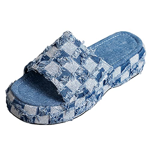Damen Denim-Tuch Heckered Pattern Plateau Slides Vintage Fadenrand Offene Zehen Slip On Bequem und rutschfest Slide Boho Sandalen, Blau, 42 EU von Optigard