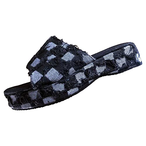 Damen Denim-Tuch Heckered Pattern Plateau Slides Vintage Fadenrand Offene Zehen Slip On Bequem und rutschfest Slide Boho Sandalen, Schwarz, 35 EU von Optigard