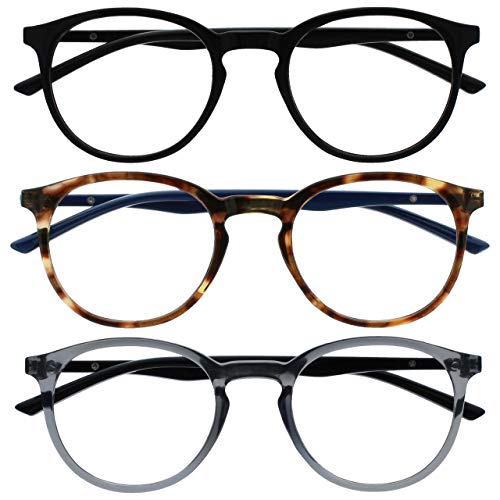 Opulize Met - Lesebrille Blaulichtfilter 3er Pack Schlank Runder Rahmen Federscharniere Verbessert Schlaf Computer Gaming Entspiegelt Schwarz Braun Grau Herren Damen BBB60-127 +2.50 von Opulize