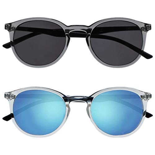 OPULIZE Met Sonnenbrille 2er-Pack Schlank Runder Rahmen Federscharniere Kratzfeste Getönte Linse UV400-Schutz Grau Klar Schwarz Bügel Herren Damen SS60-7C von OPULIZE