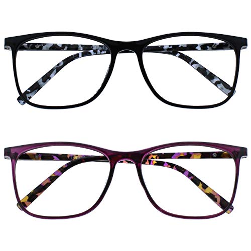 OPULIZE Arc Lesebrille 2er Pack Stilvolle Schlank Rechteckig Rahmen Gemusterte Bügel Federscharniere Kratzfest Schwarz Lila Herren Damen RR66-15 +1.50 von OPULIZE