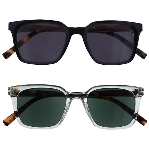 Opulize KOI Lese-Sonnenbrille 2 Pack - Große Rechteckige Fassung - Getöntes Glas UV400 - Schwarz-Klar - Damen Herren Unisex - Federscharniere - SS50-1C - +1.00 von Opulize